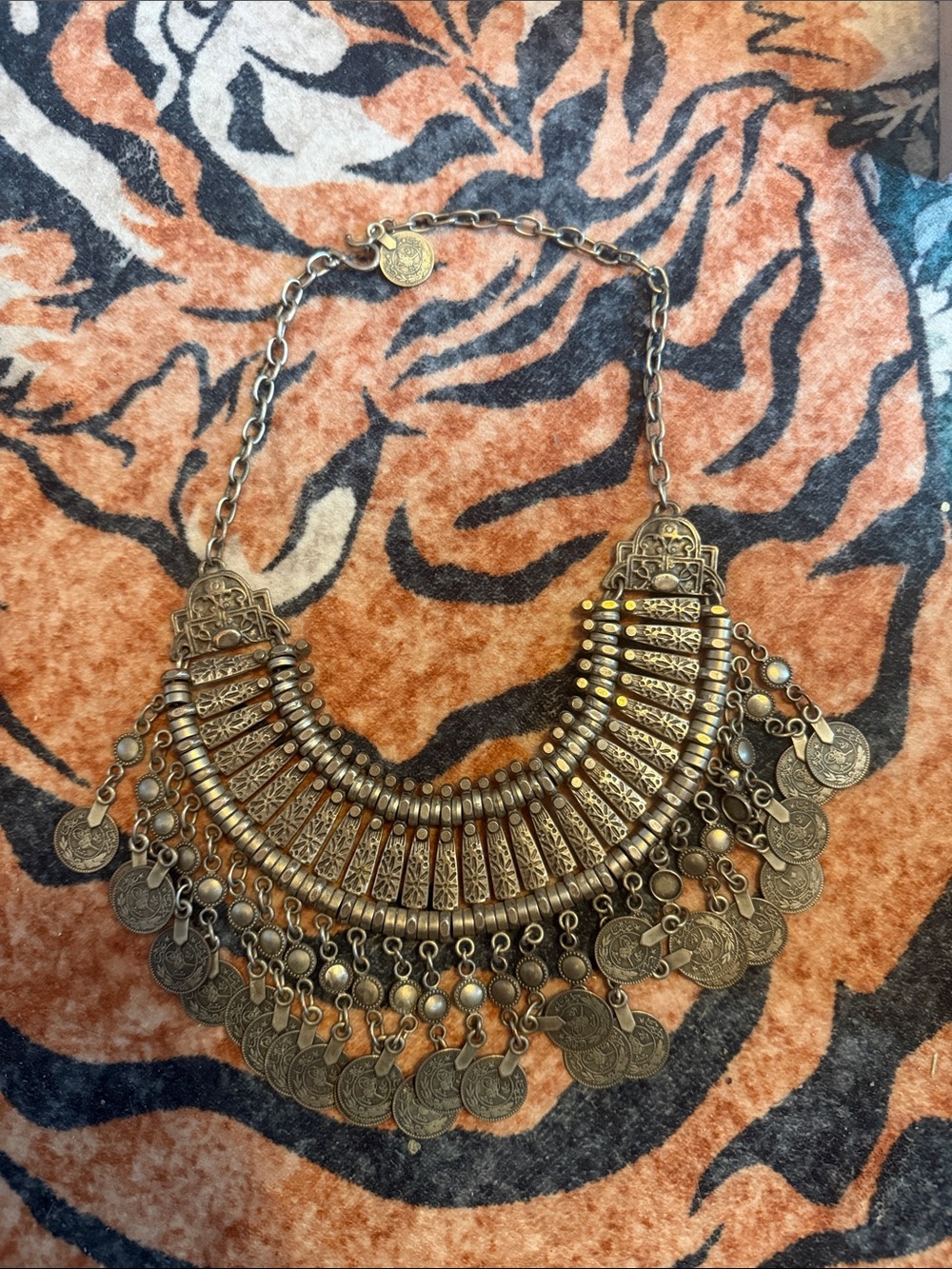 Vintage-Inspired Coin Fringe Statement Necklace in Antique Silver